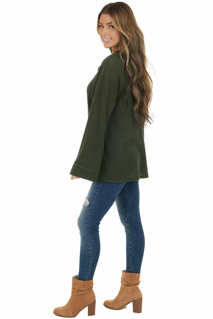 BiBi Tops Dark Olive Waffle Knit Long Sleeve Top With Cowl Neckline 8 BiBi Tops Dark Olive Waffle Knit Long Sleeve Top With Cowl Neckline