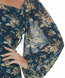 Lush Clothing Dresses Dark Pine Floral Print Ruched Short Dress