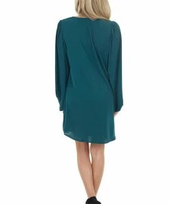 Jodifl Dark Pine Long Bubble Sleeve V Neck Soft Woven Short Dress Dresses