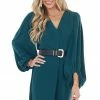 Jodifl Dark Pine Long Bubble Sleeve V Neck Soft Woven Short Dress Dresses