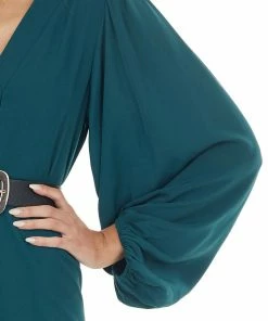 Jodifl Dark Pine Long Bubble Sleeve V Neck Soft Woven Short Dress Dresses