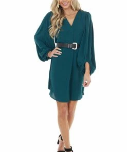Jodifl Dark Pine Long Bubble Sleeve V Neck Soft Woven Short Dress Dresses
