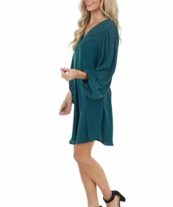 Jodifl Dark Pine Long Bubble Sleeve V Neck Soft Woven Short Dress Dresses