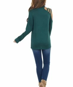 BiBi Tops Dark Pine Long Sleeve Knit Top With One Caged Cold Shoulder
