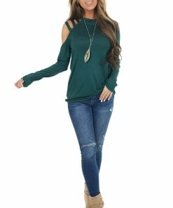 BiBi Tops Dark Pine Long Sleeve Knit Top With One Caged Cold Shoulder