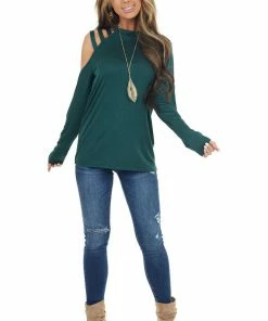 BiBi Tops Dark Pine Long Sleeve Knit Top With One Caged Cold Shoulder