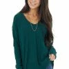 143 Story Dark Pine Long Sleeve Wide Neck Knit Top With Ribbed Detail Tops