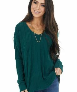 143 Story Dark Pine Long Sleeve Wide Neck Knit Top With Ribbed Detail Tops