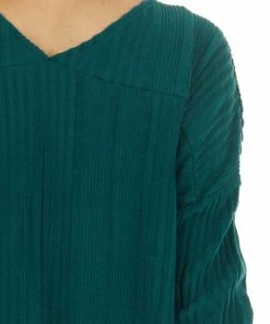 143 Story Dark Pine Long Sleeve Wide Neck Knit Top With Ribbed Detail Tops