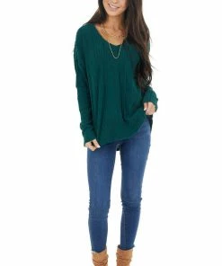 143 Story Dark Pine Long Sleeve Wide Neck Knit Top With Ribbed Detail Tops
