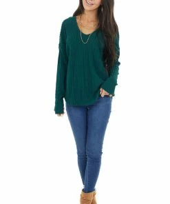 143 Story Dark Pine Long Sleeve Wide Neck Knit Top With Ribbed Detail Tops