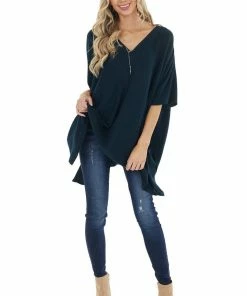 Main Strip Tops Dark Pine Oversized V Neck Poncho With Front Sewing Detail