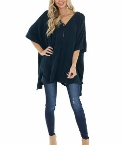 Main Strip Tops Dark Pine Oversized V Neck Poncho With Front Sewing Detail