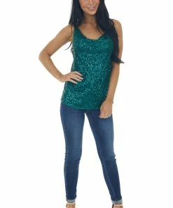 Main Strip Tops Dark Pine Sequin Sleeveless Cowl Neck Tank
