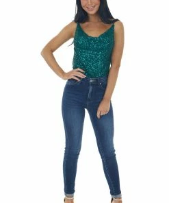 Main Strip Tops Dark Pine Sequin Sleeveless Cowl Neck Tank