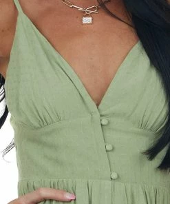 Lush Clothing Dresses Dark Pistachio Sleeveless Peplum Textured Woven Romper