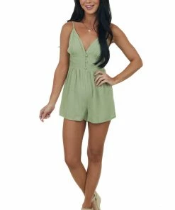 Lush Clothing Dresses Dark Pistachio Sleeveless Peplum Textured Woven Romper