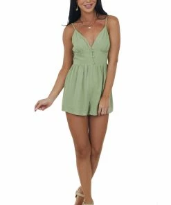 Lush Clothing Dresses Dark Pistachio Sleeveless Peplum Textured Woven Romper