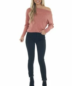 First Love Dark Rose Waffle Knit Boat Neck Long Cuff Top