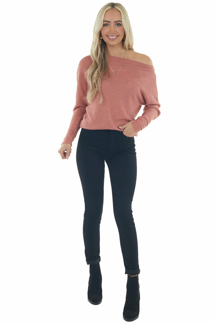 First Love Dark Rose Waffle Knit Boat Neck Long Cuff Top 4 First Love Dark Rose Waffle Knit Boat Neck Long Cuff Top