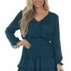 Peach Love Dresses Dark Sea Blue Textured Surplice Smocked Dress