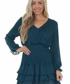 Peach Love Dresses Dark Sea Blue Textured Surplice Smocked Dress