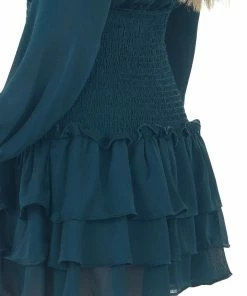 Peach Love Dresses Dark Sea Blue Textured Surplice Smocked Dress