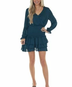 Peach Love Dresses Dark Sea Blue Textured Surplice Smocked Dress