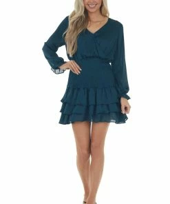 Peach Love Dresses Dark Sea Blue Textured Surplice Smocked Dress