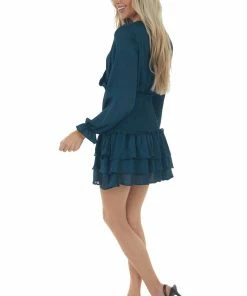 Peach Love Dresses Dark Sea Blue Textured Surplice Smocked Dress