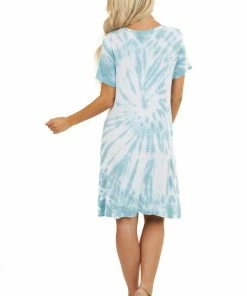 FSL APPAREL Dark Seafoam Tie Dye Short Sleeve Swing Dress With Pockets