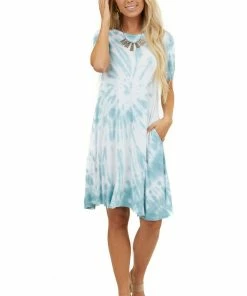 FSL APPAREL Dark Seafoam Tie Dye Short Sleeve Swing Dress With Pockets