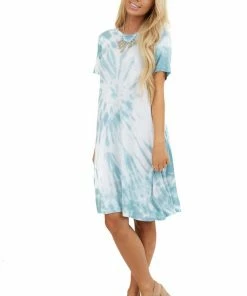 FSL APPAREL Dark Seafoam Tie Dye Short Sleeve Swing Dress With Pockets