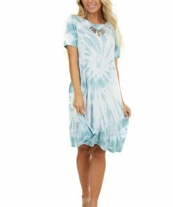 FSL APPAREL Dark Seafoam Tie Dye Short Sleeve Swing Dress With Pockets