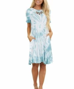FSL APPAREL Dark Seafoam Tie Dye Short Sleeve Swing Dress With Pockets