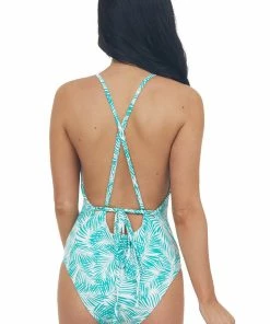 Beach Joy Bikini Dark Teal Leaf Print Plunge Waist Tie Swimsuit Accessories