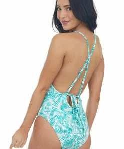 Beach Joy Bikini Dark Teal Leaf Print Plunge Waist Tie Swimsuit Accessories