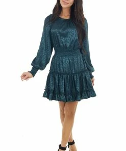 She + Sky Dark Teal Leopard Print Satin Smocked Short Dress Dresses