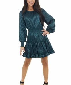 She + Sky Dark Teal Leopard Print Satin Smocked Short Dress Dresses