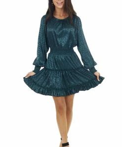 She + Sky Dark Teal Leopard Print Satin Smocked Short Dress Dresses