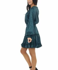 She + Sky Dark Teal Leopard Print Satin Smocked Short Dress Dresses