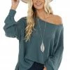 Umgee Tops Dark Teal Oversized Waffle Knit Top With Bubble Sleeves