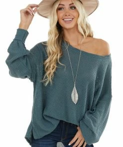 Umgee Tops Dark Teal Oversized Waffle Knit Top With Bubble Sleeves
