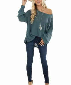 Umgee Tops Dark Teal Oversized Waffle Knit Top With Bubble Sleeves