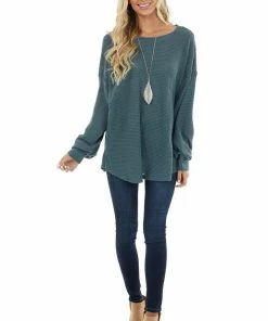 Umgee Tops Dark Teal Oversized Waffle Knit Top With Bubble Sleeves