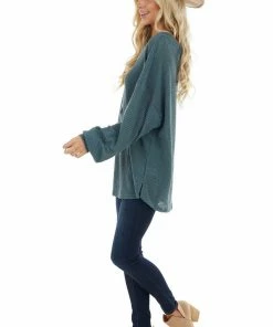 Umgee Tops Dark Teal Oversized Waffle Knit Top With Bubble Sleeves