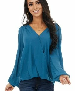 Kori America Tops Dark Teal Surplice Puff Sleeve Blouse With Bubble Hemline