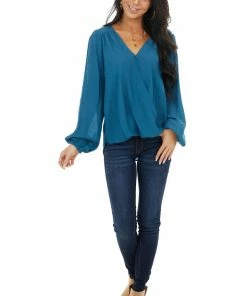 Kori America Tops Dark Teal Surplice Puff Sleeve Blouse With Bubble Hemline