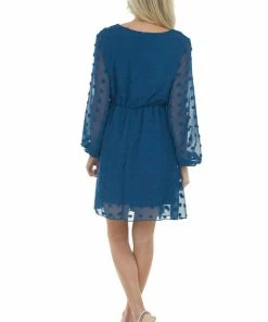 Miss Sparkling Dark Teal Swiss Dot Blouson Sheer Sleeve Dress Dresses