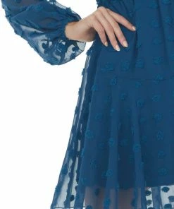 Miss Sparkling Dark Teal Swiss Dot Blouson Sheer Sleeve Dress Dresses